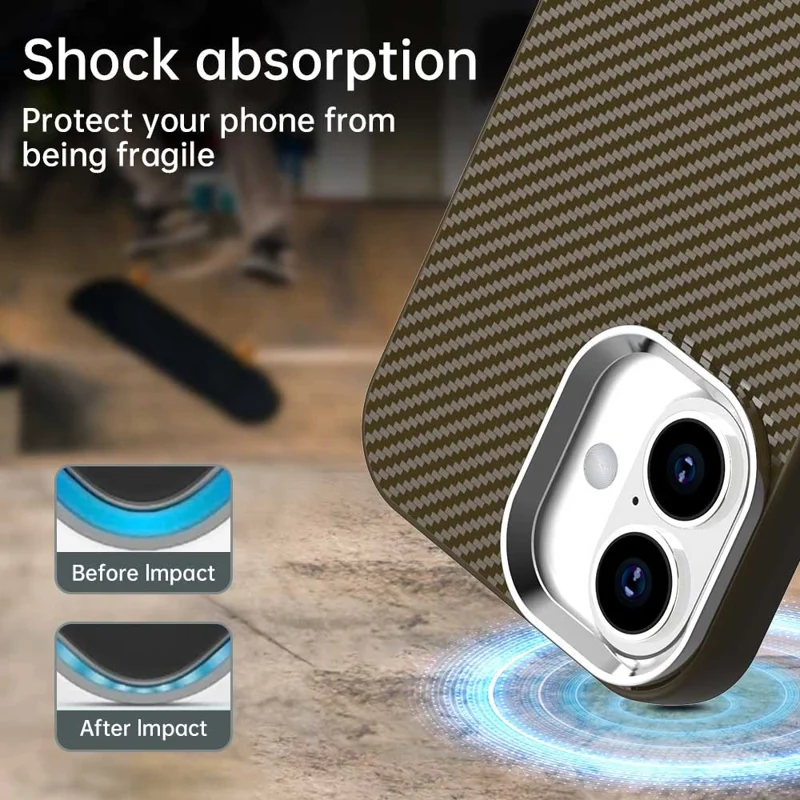 For iPhone 16 Plus Case Cell Phone Hybrid Back Cover Carbon Fiber Texture - Brown