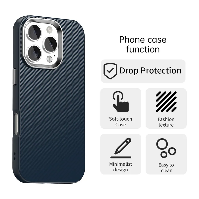 For iPhone 16 Pro Case Cell Phone Hybrid Back Cover Carbon Fiber Texture - Blue