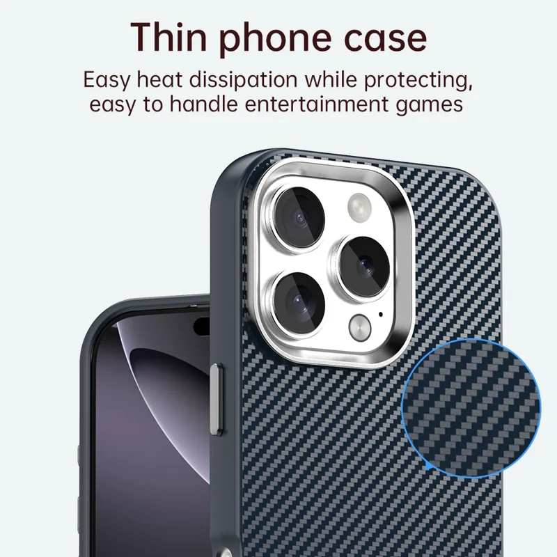 For iPhone 16 Pro Case Cell Phone Hybrid Back Cover Carbon Fiber Texture - Blue