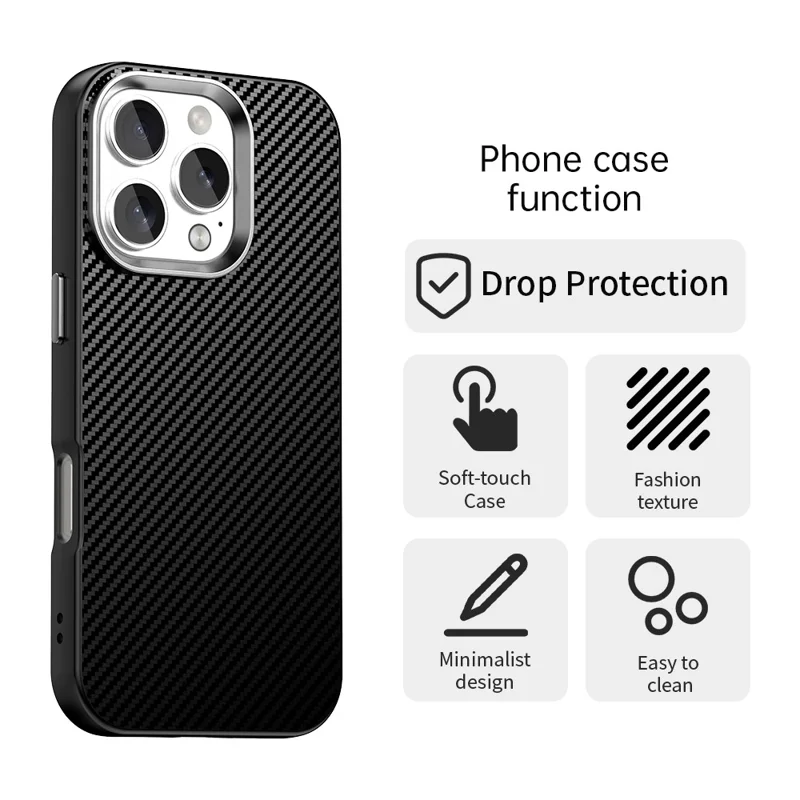 For iPhone 16 Pro Max Case Cell Phone Hybrid Back Cover Carbon Fiber Texture - Black