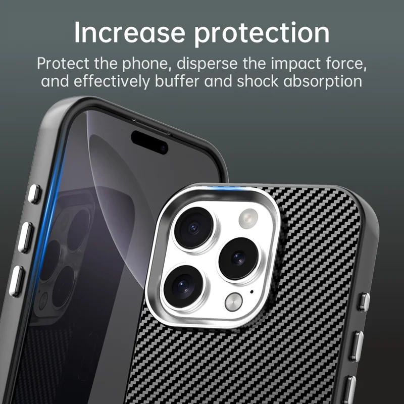 For iPhone 16 Pro Max Case Cell Phone Hybrid Back Cover Carbon Fiber Texture - Black