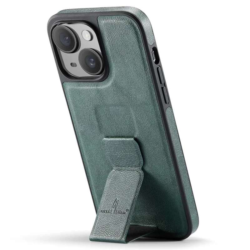 FIERRE SHANN For iPhone 15 Case Kickstand Leather Slim Back Cover - Green