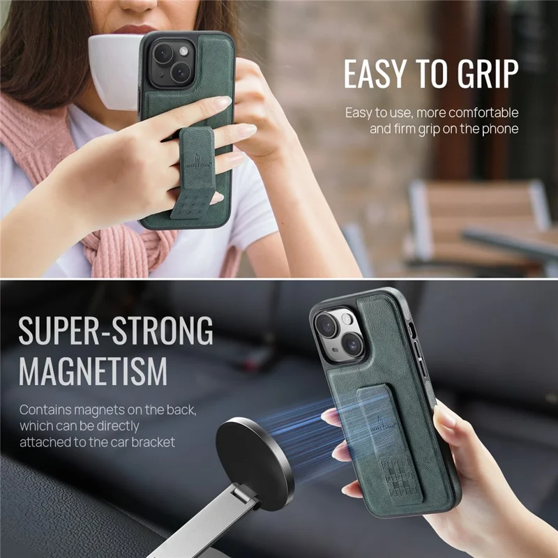 FIERRE SHANN For iPhone 15 Case Kickstand Leather Slim Back Cover - Green