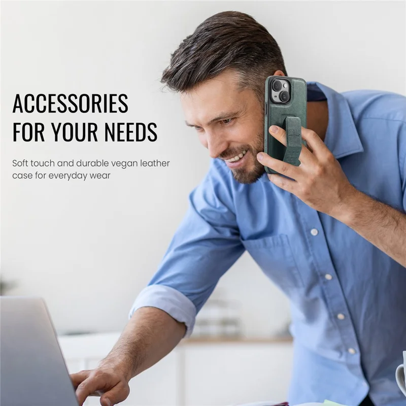 FIERRE SHANN For iPhone 15 Case Kickstand Leather Slim Back Cover - Green