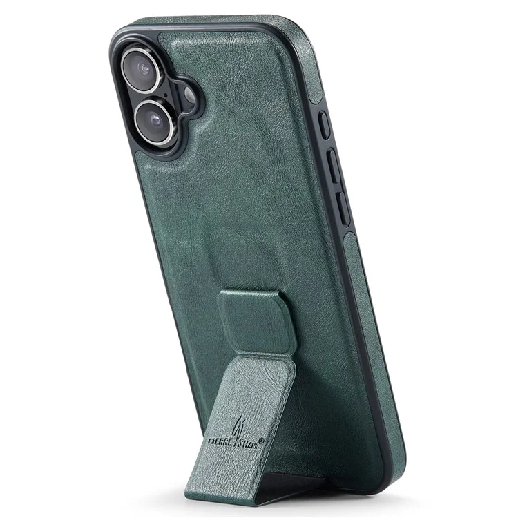 FIERRE SHANN For iPhone 16 Case Kickstand Leather Slim Back Cover - Green
