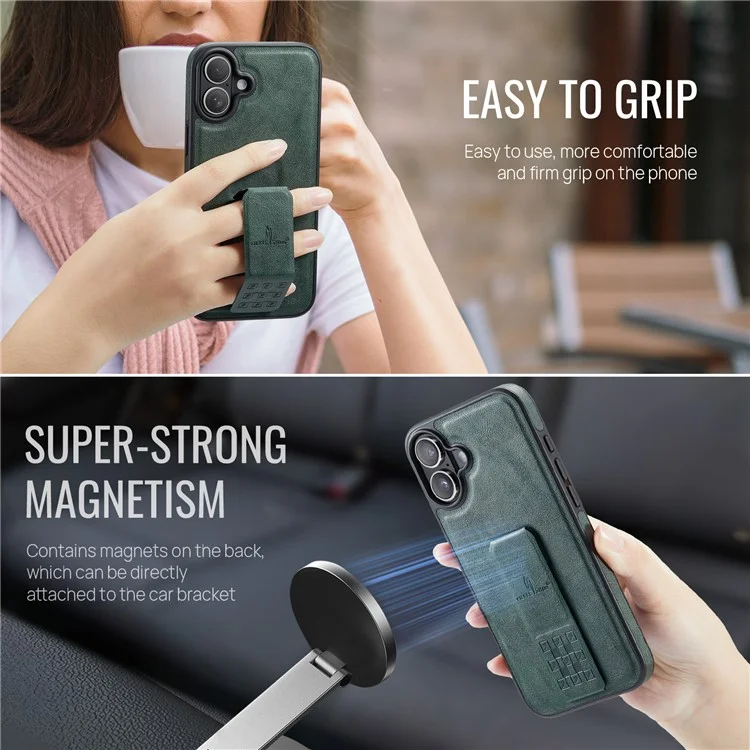 FIERRE SHANN For iPhone 16 Case Kickstand Leather Slim Back Cover - Green