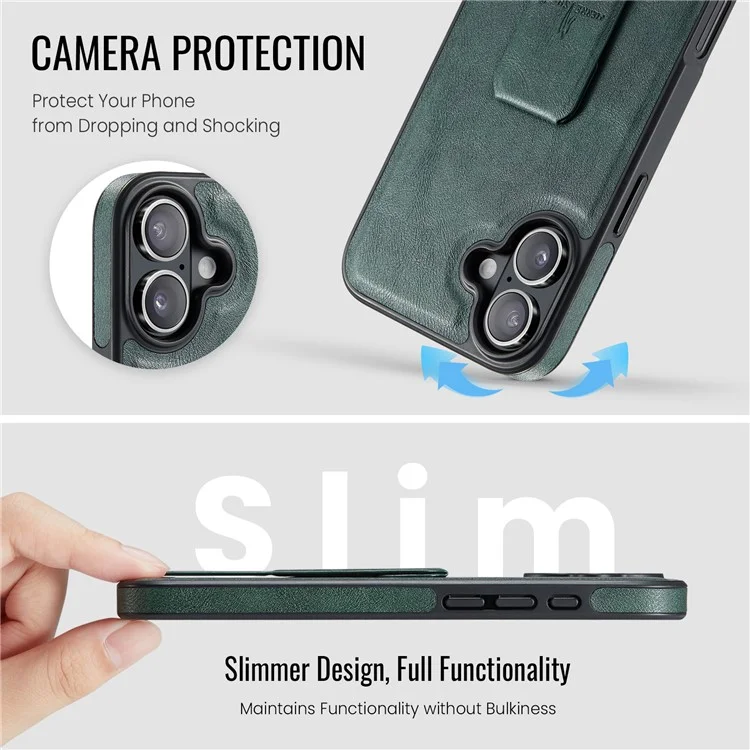 FIERRE SHANN For iPhone 16 Case Kickstand Leather Slim Back Cover - Green