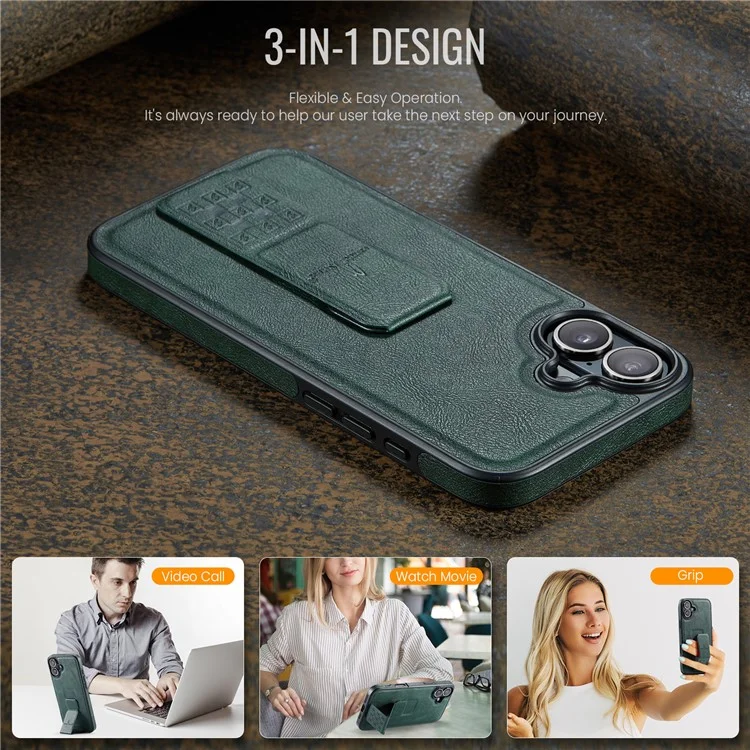 FIERRE SHANN For iPhone 16 Case Kickstand Leather Slim Back Cover - Green
