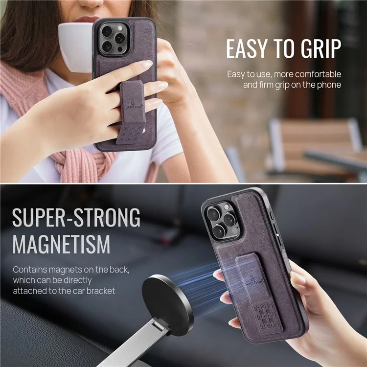 FIERRE SHANN For iPhone 16 Pro Max Case Kickstand Leather Slim Back Cover - Purple