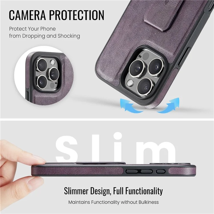 FIERRE SHANN For iPhone 16 Pro Max Case Kickstand Leather Slim Back Cover - Purple