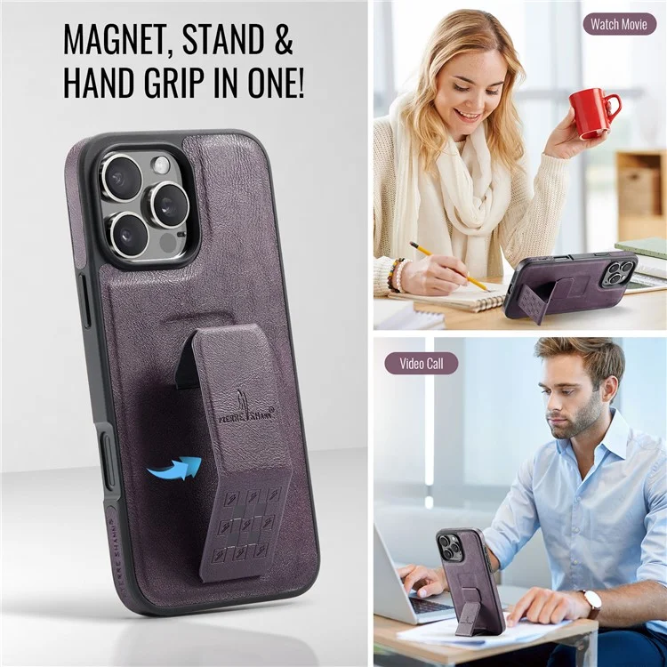 FIERRE SHANN For iPhone 16 Pro Max Case Kickstand Leather Slim Back Cover - Purple