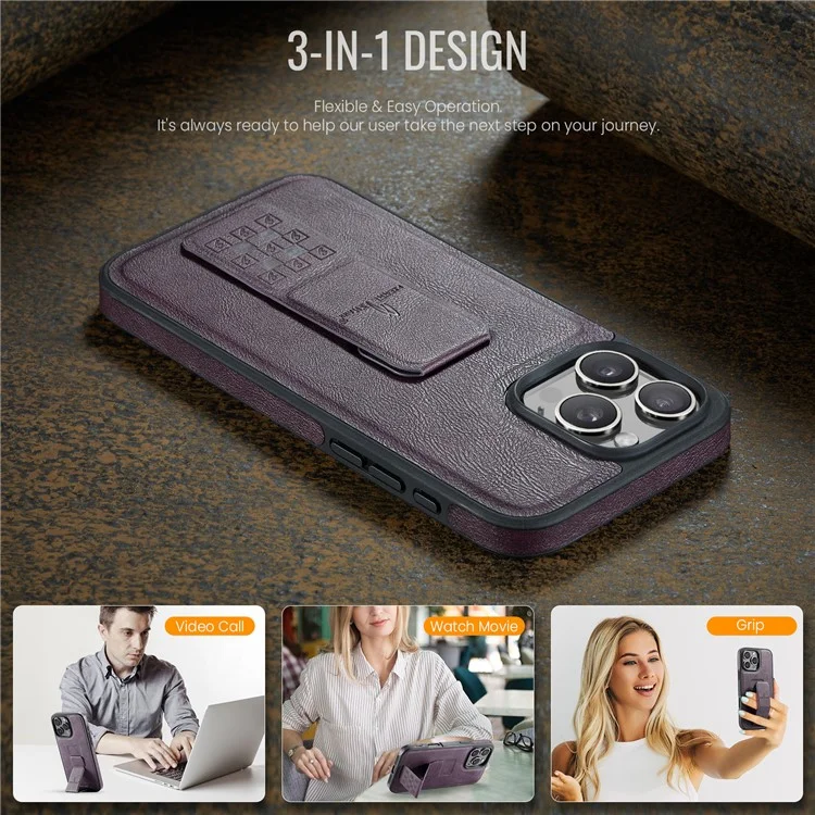 FIERRE SHANN For iPhone 16 Pro Max Case Kickstand Leather Slim Back Cover - Purple