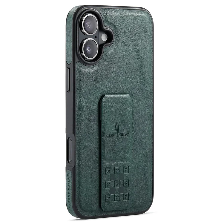 FIERRE SHANN For iPhone 16 Plus Case Kickstand Leather Slim Back Cover - Green