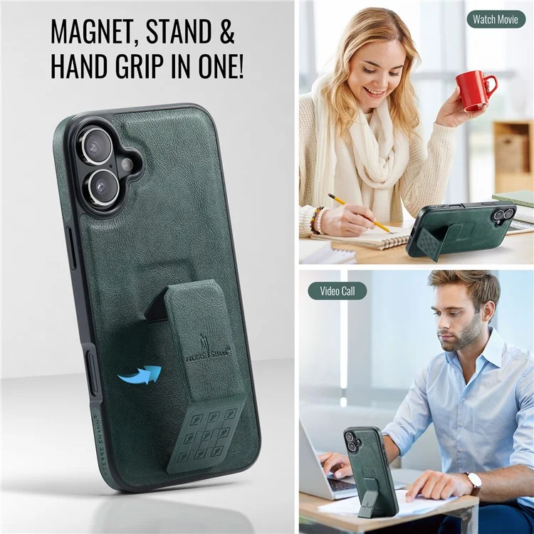 FIERRE SHANN For iPhone 16 Plus Case Kickstand Leather Slim Back Cover - Green