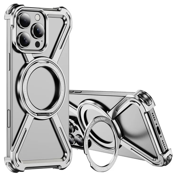 Для iPhone 16 Pro Max Магнитный чехол с вращающейся подставкой Металлический бампер Чехол для телефона - Серебристый