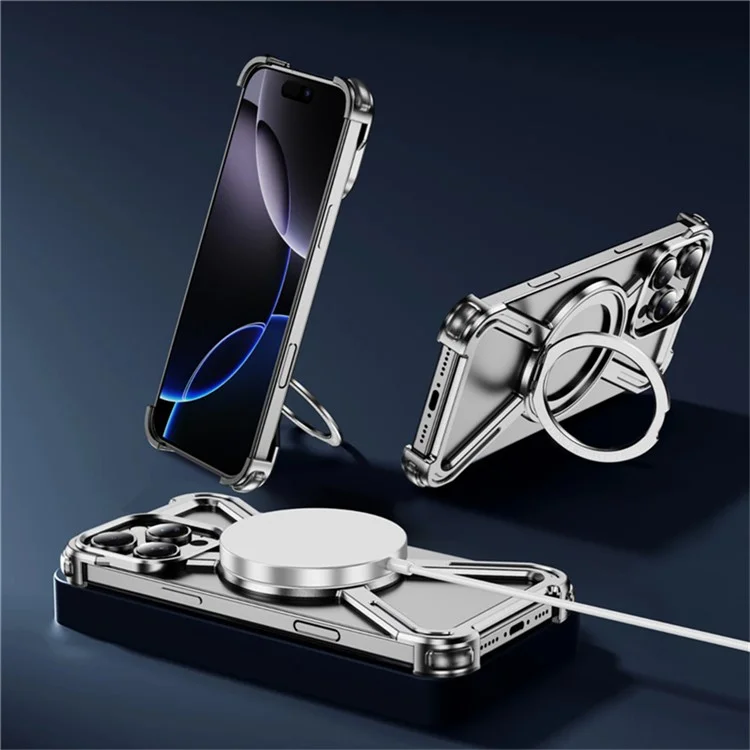 Для iPhone 16 Pro Max Магнитный чехол с вращающейся подставкой Металлический бампер Чехол для телефона - Серебристый