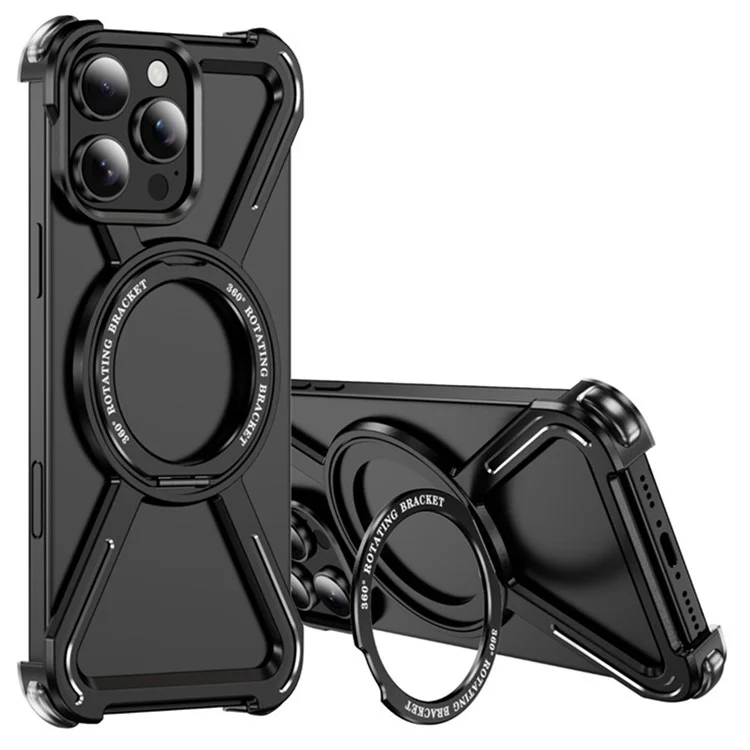 Для iPhone 16 Pro Магнитный чехол с вращающейся подставкой Металлический бампер для телефона - Черный