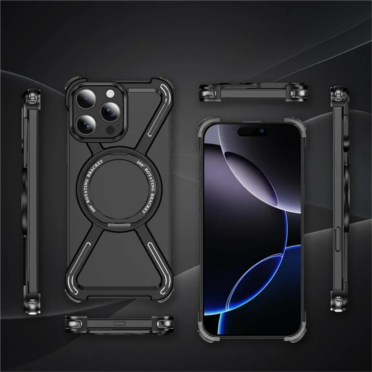 Для iPhone 16 Pro Магнитный чехол с вращающейся подставкой Металлический бампер для телефона - Черный