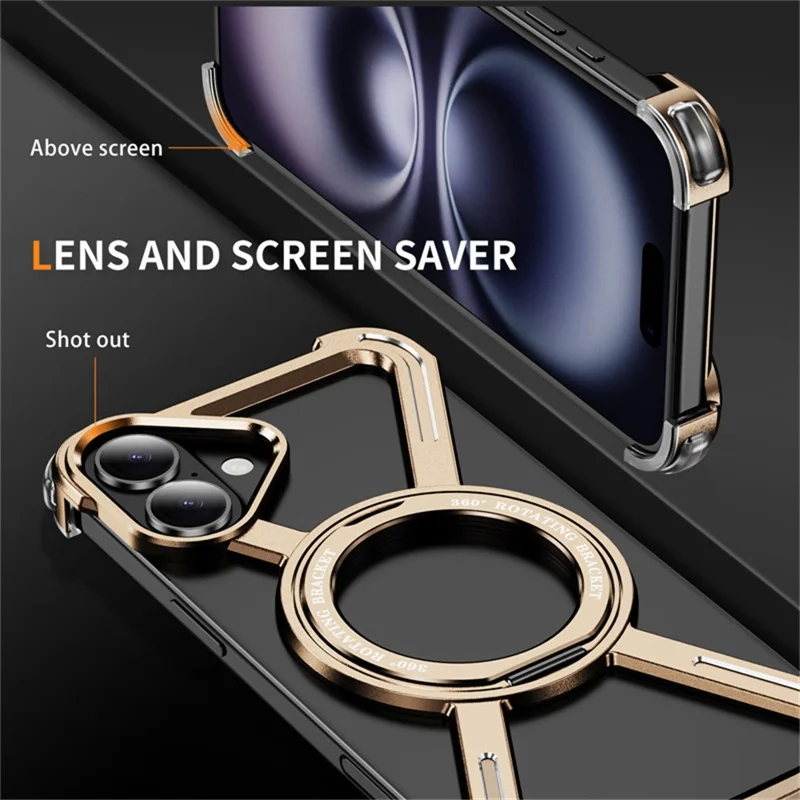 Für iPhone 16 Plus magnetisches Gehäuse mit rotierendem Ständer, Metall-Bumper-Handyhülle - Gold