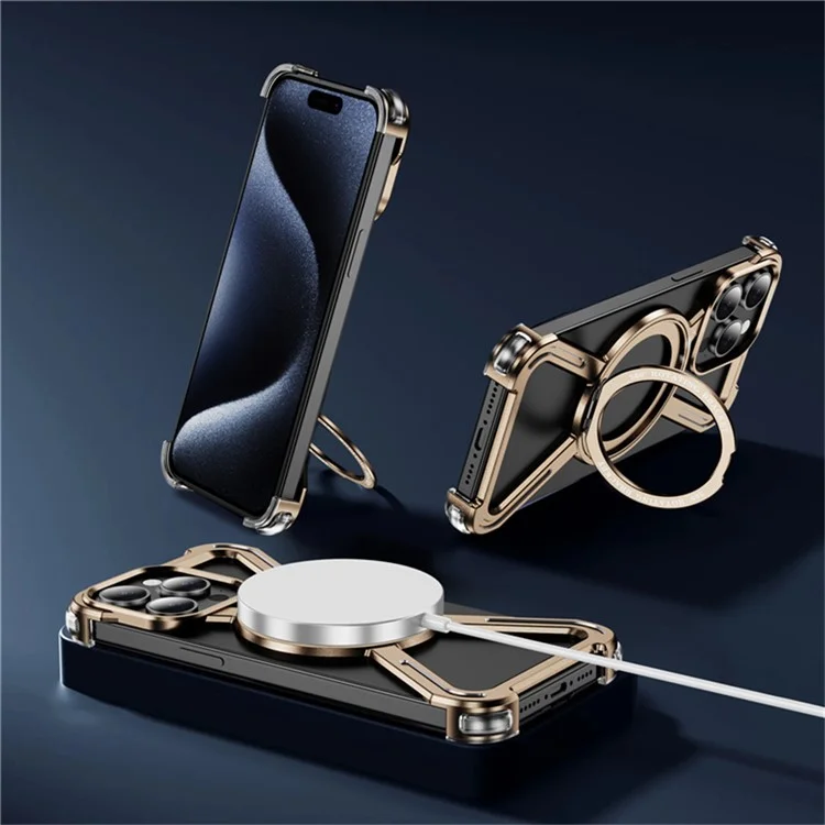 Custodia magnetica ruotante con supporto per iPhone 15 Pro Max, bumper in metallo, cover per telefono - Oro