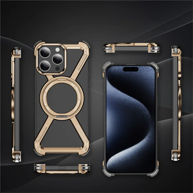 Custodia magnetica ruotante con supporto per iPhone 15 Pro Max, bumper in metallo, cover per telefono - Oro