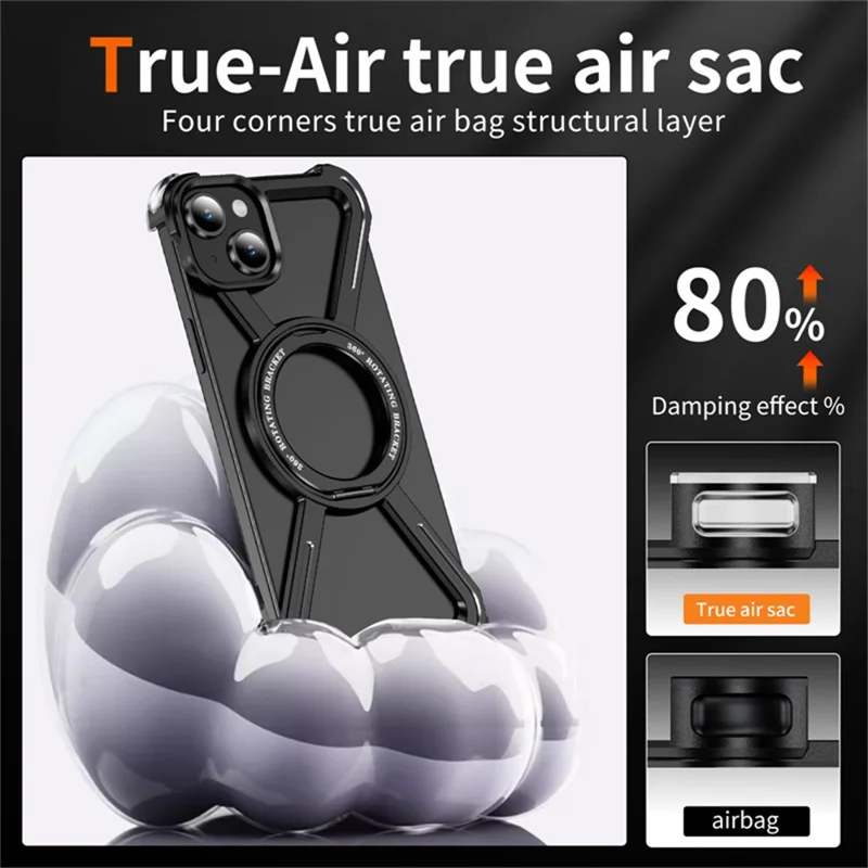 For iPhone 15 Magnetic Case Rotating Kickstand Metal Bumper Phone Cover - Black