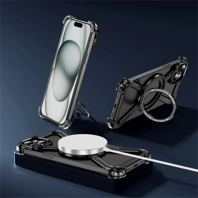 For iPhone 15 Magnetic Case Rotating Kickstand Metal Bumper Phone Cover - Black