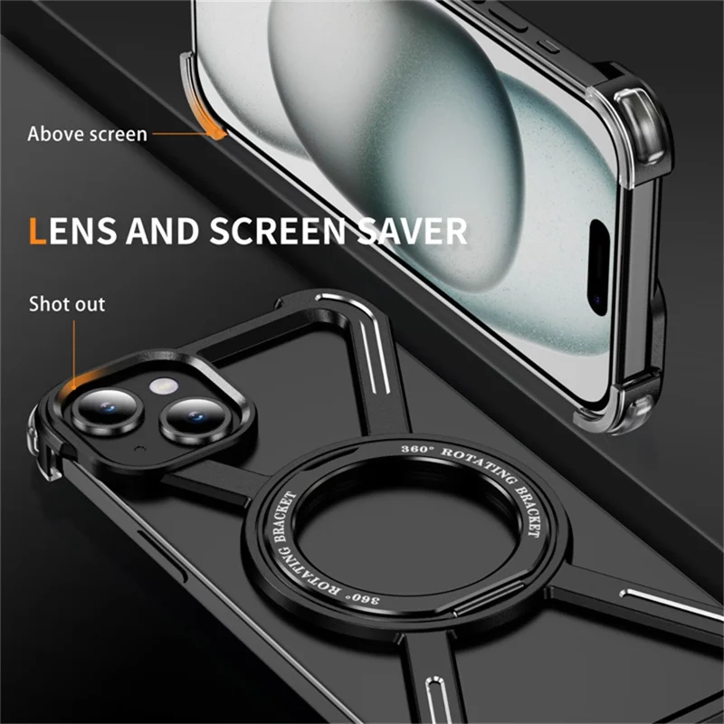 For iPhone 15 Magnetic Case Rotating Kickstand Metal Bumper Phone Cover - Black