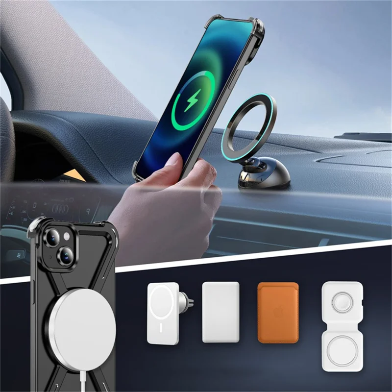 For iPhone 15 Magnetic Case Rotating Kickstand Metal Bumper Phone Cover - Black
