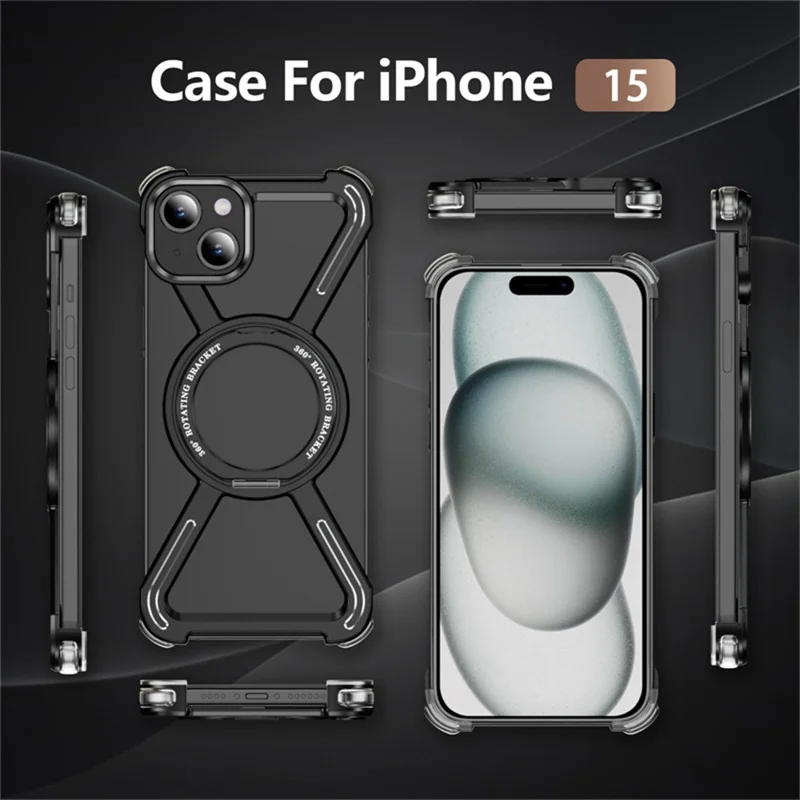 For iPhone 15 Magnetic Case Rotating Kickstand Metal Bumper Phone Cover - Black