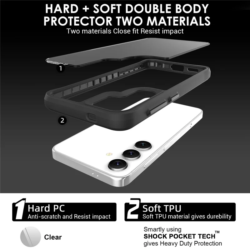 Capa híbrida rígida de PC e macia de TPU à prova de choques para Samsung Galaxy S25+ - Preta