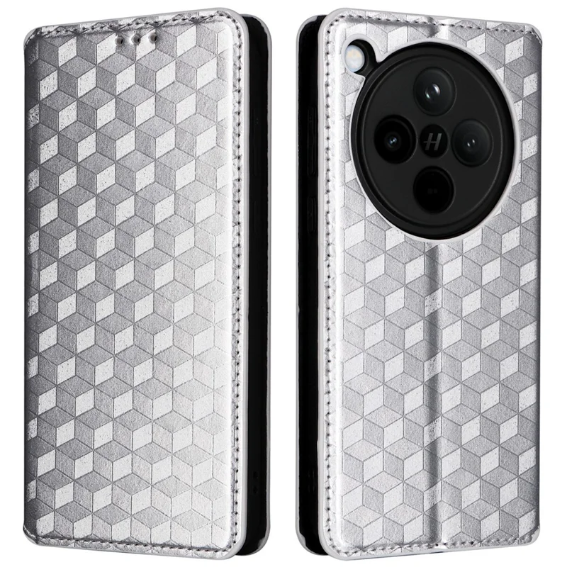 For Oppo Find X8 5G Wallet Case Rhombus Imprinted Leather Phone Cover - Silver