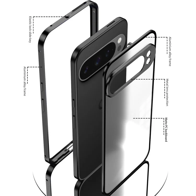 Для Google Pixel 9 Pro XL матовый чехол из алюминиевого сплава + ПК крышка телефона с всплывающей защелкой - черный