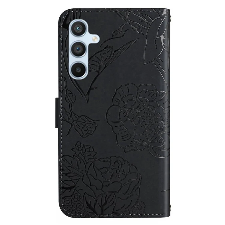 Custodia in pelle per Samsung Galaxy A26 5G con cinturino, motivo a farfalla e fiori - Nero