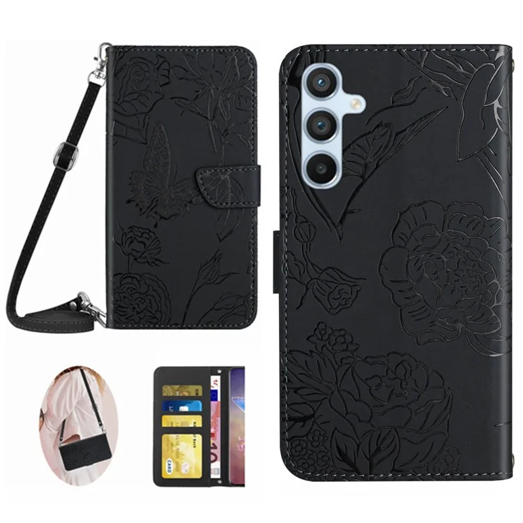 Custodia per Samsung Galaxy A26 5G Antiurto Copertina in Pelle Farfalla Fiore Impresso - Nero