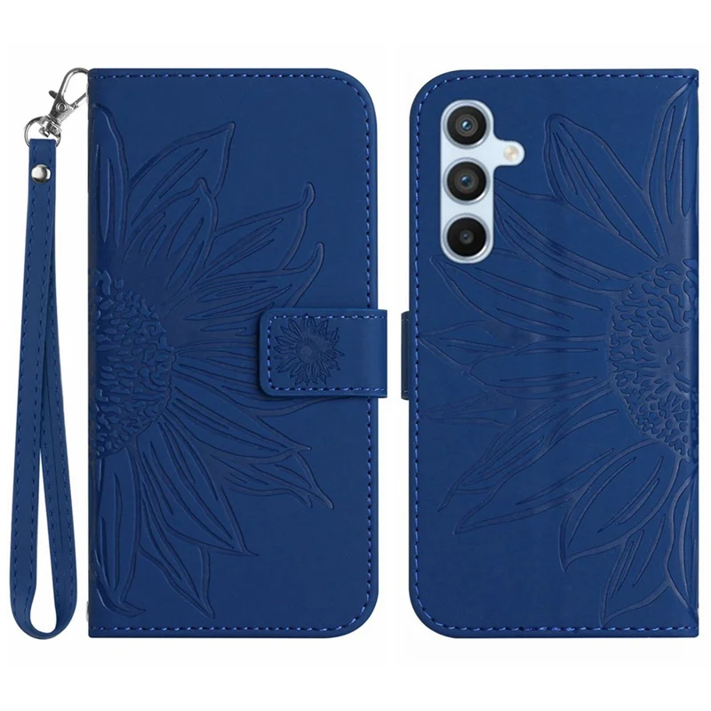 For Samsung Galaxy A26 5G Case Sunflower Imprint Leather Wallet Phone Cover with Wrist Strap - Sapphire