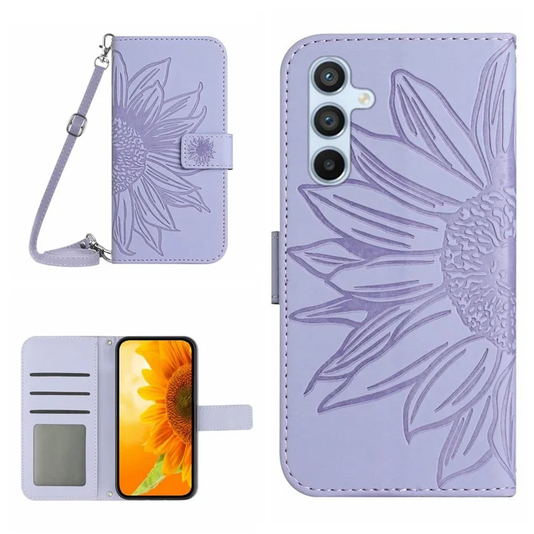 Coque HT04 pour Samsung Galaxy A56 5G, motif tournesol, en cuir PU, avec dragonne longue - Violet clair