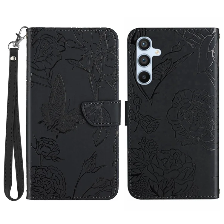 Custodia in pelle per Samsung Galaxy A56 con cinturino, con motivo a farfalla e fiore - Nero