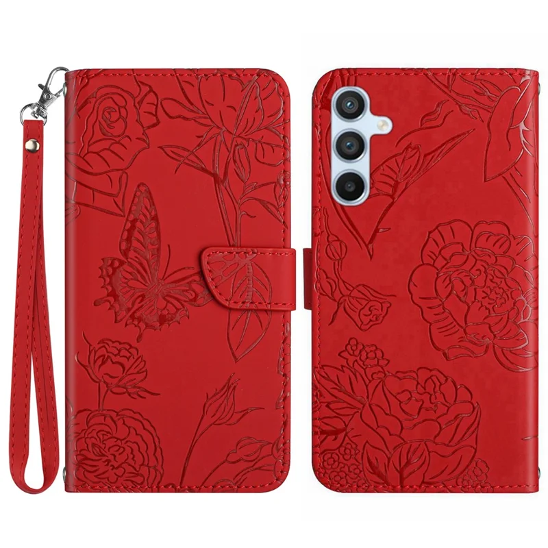 For Samsung Galaxy A56 5G / M56 5G Case Leather Phone Cover with Strap, Butterfly Flower Imprint - Red