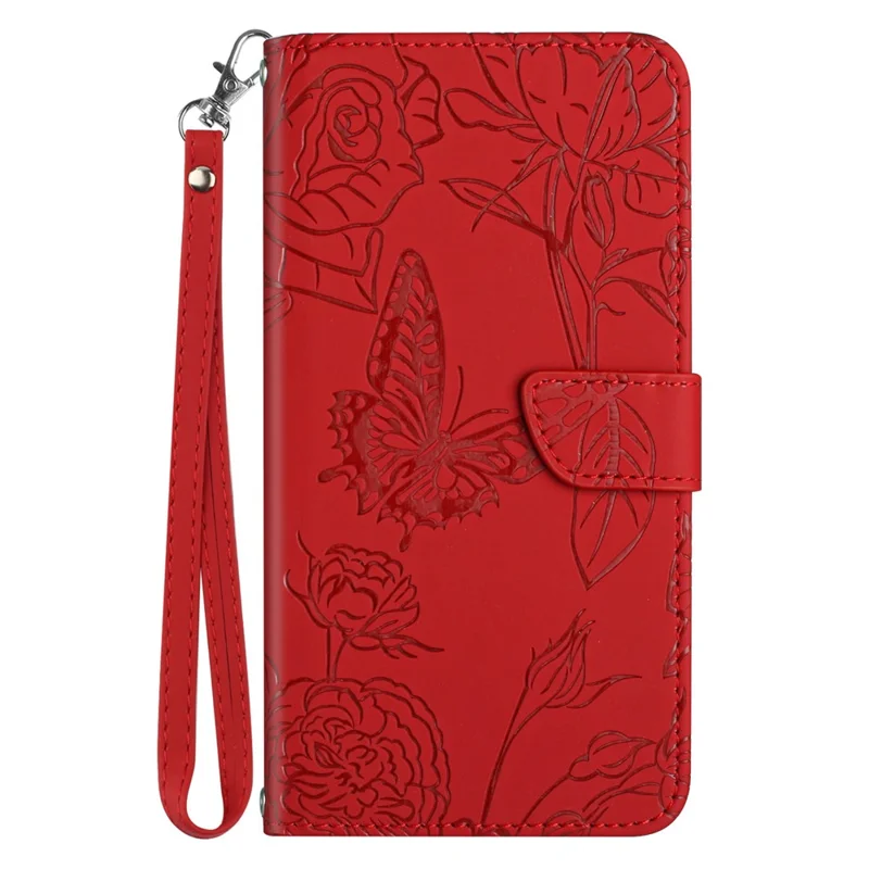 For Samsung Galaxy A56 5G / M56 5G Case Leather Phone Cover with Strap, Butterfly Flower Imprint - Red