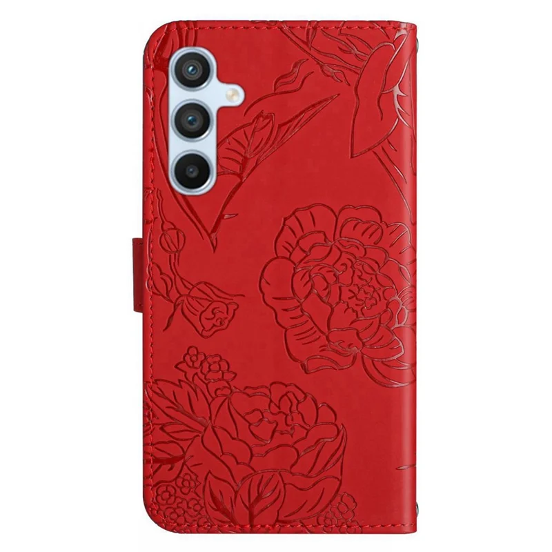 For Samsung Galaxy A56 5G / M56 5G Case Leather Phone Cover with Strap, Butterfly Flower Imprint - Red