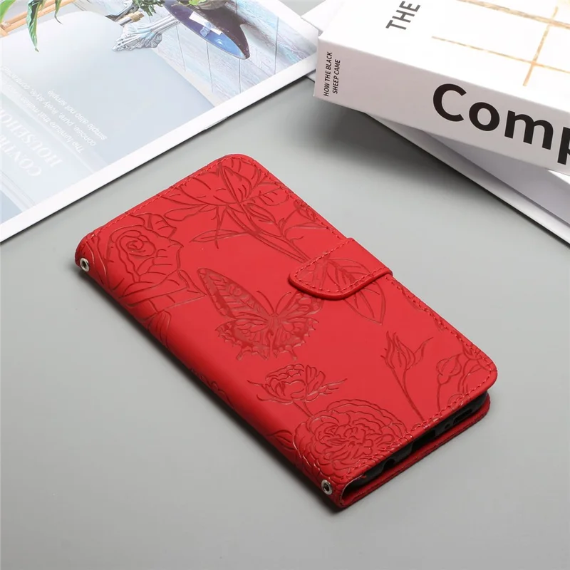For Samsung Galaxy A56 5G / M56 5G Case Leather Phone Cover with Strap, Butterfly Flower Imprint - Red