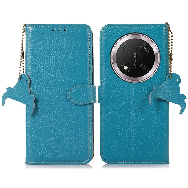 For Honor Magic7 Lite 5G / X9c 5G / X60 Pro 5G Case RFID Blocking Genuine Cow Leather Phone Cover Litchi Texture - Blue