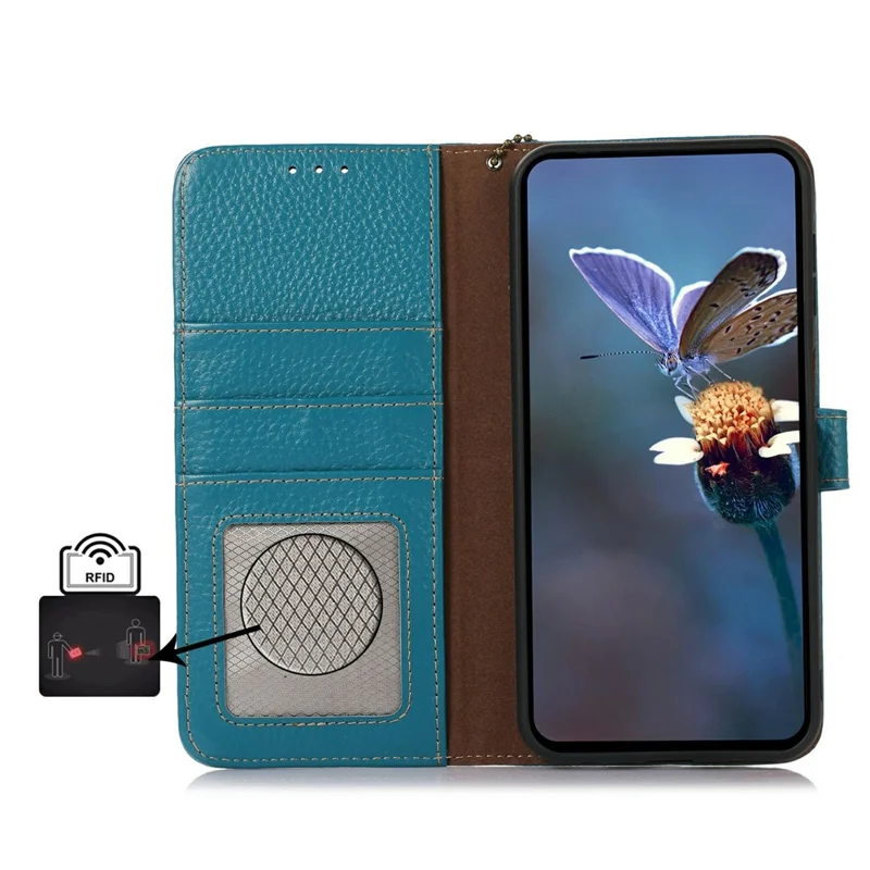 For Honor Magic7 Lite 5G / X9c 5G / X60 Pro 5G Case RFID Blocking Genuine Cow Leather Phone Cover Litchi Texture - Blue