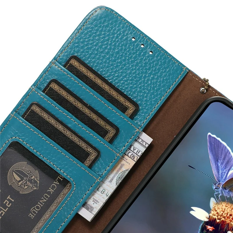 For Honor Magic7 Lite 5G / X9c 5G / X60 Pro 5G Case RFID Blocking Genuine Cow Leather Phone Cover Litchi Texture - Blue