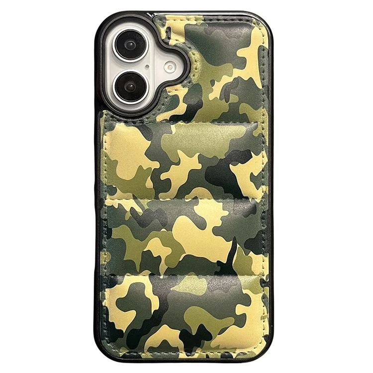 For iPhone 16 Plus Case Camo Puffer Jacket Leather+TPU 3D Protective Cover - Green