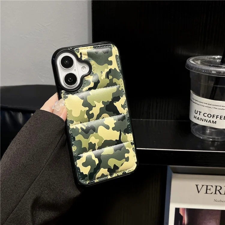 For iPhone 16 Plus Case Camo Puffer Jacket Leather+TPU 3D Protective Cover - Green