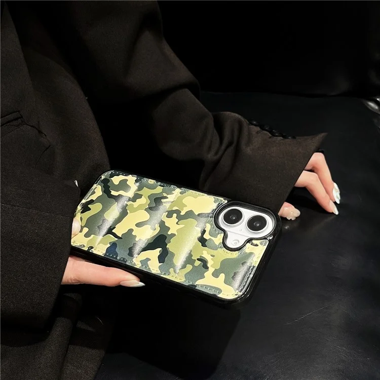 For iPhone 16 Plus Case Camo Puffer Jacket Leather+TPU 3D Protective Cover - Green