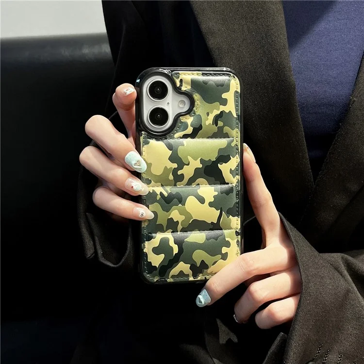 For iPhone 16 Plus Case Camo Puffer Jacket Leather+TPU 3D Protective Cover - Green