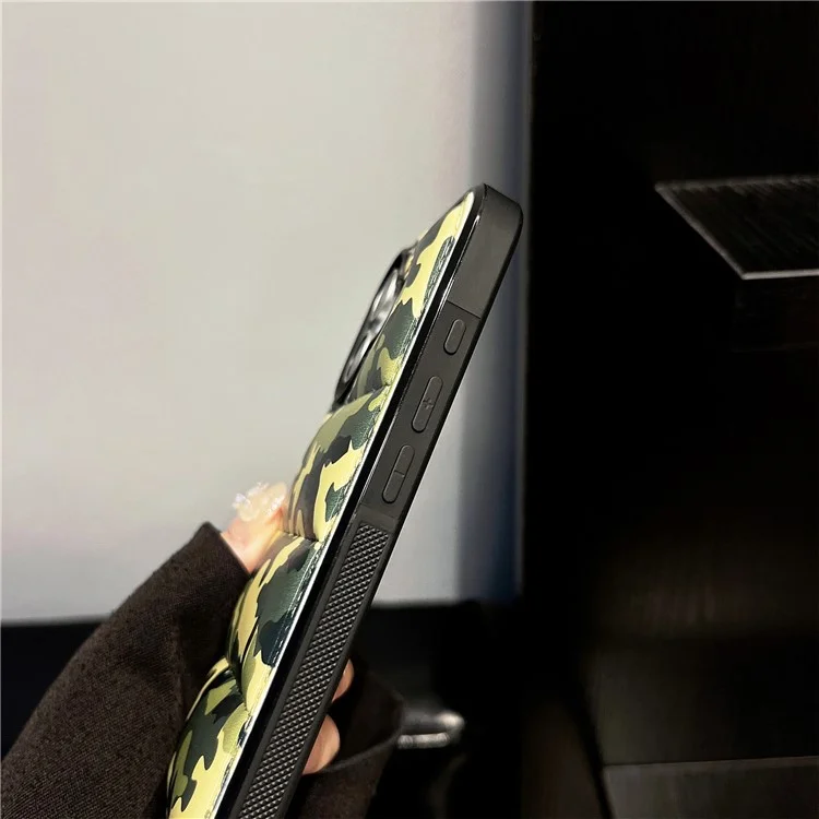 For iPhone 16 Plus Case Camo Puffer Jacket Leather+TPU 3D Protective Cover - Green